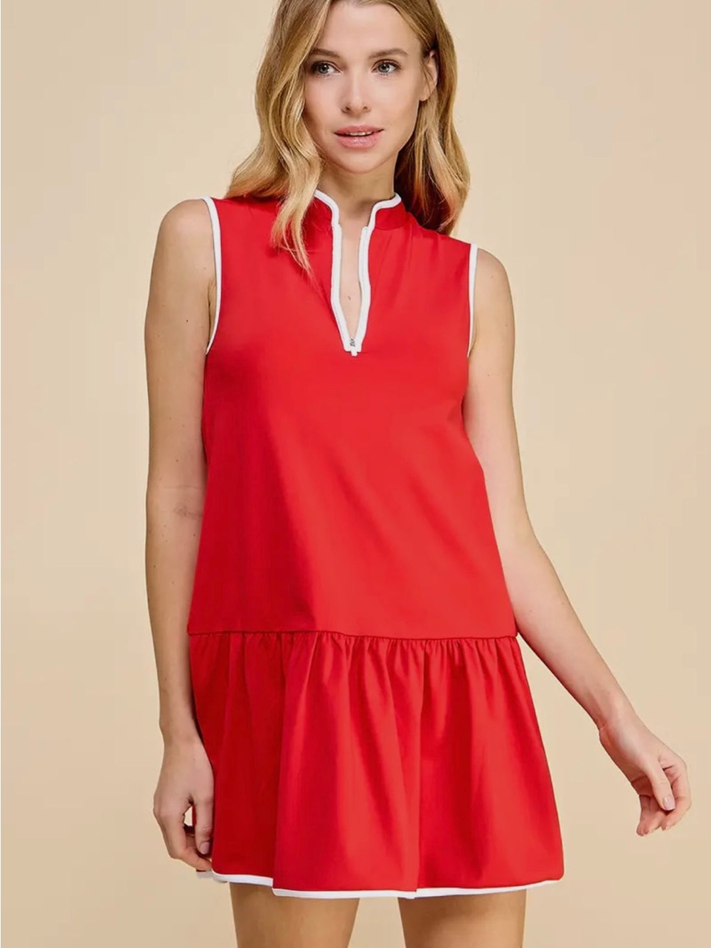 Sleeveless Red Tunic Athletic Dress with White Trim